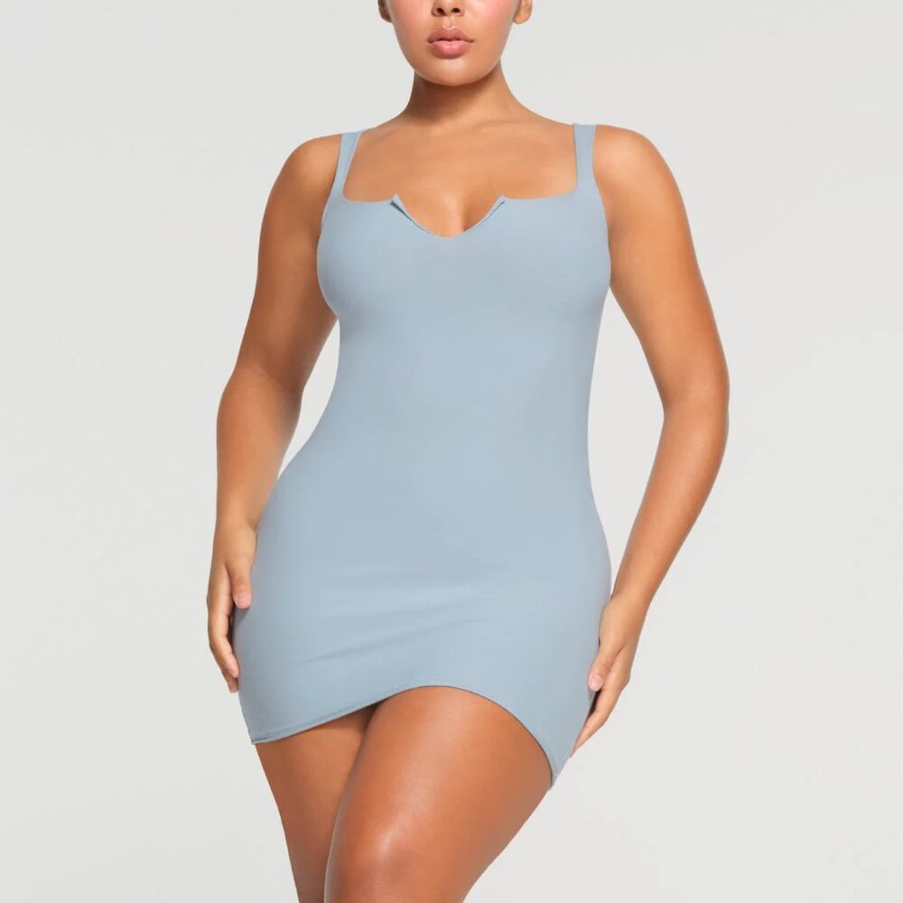 SKIMS SLIT FRONT MINI DRESS IN DENIM SIZE XS NWT $68